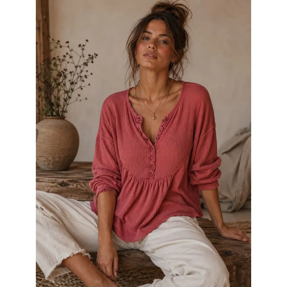 Free People Pink Henley Waffle Long Sleeve Shirt Top   Women's Size Small